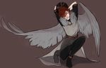  ambiguous_gender avian beige_skin cheasegary clothed clothing feathers grey_feathers hair hands_behind_head harpy humanoid jewelry leggings legwear necklace orange_hair pose shirt simple_background winged_humanoid wings yellow_eyes 