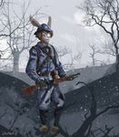 2018 anthro armor clothed clothing digital_media_(artwork) french fur gun hair helmet historical holding_object holding_weapon lagomorph laudanumserum letho_(laudanumserum) male mammal military outside rabbit ranged_weapon simple_background sky soldier solo standing tree uniform war weapon world_war_1 