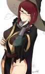  absurdres bra_through_clothes cape fire_emblem fire_emblem:_kakusei glasses groin hat highres looking_at_viewer miriel_(fire_emblem) no_pants ormille red_hair short_hair simple_background solo white_background witch_hat 