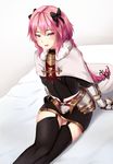  absurdres arm_support astolfo_(fate) bed belt black_bow black_legwear black_ribbon black_shirt black_skirt blush bow braid cape coat_of_arms eyebrows_visible_through_hair fate/apocrypha fate_(series) garter_straps gauntlets hair_bow hair_ribbon highres long_braid long_hair looking_at_viewer male_focus mengo miniskirt on_bed otoko_no_ko pencil_skirt pink_hair purple_eyes ribbon shirt single_braid sitting skirt thighhighs thighs zettai_ryouiki 