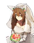  bouquet brown_hair closed_mouth dress elbow_gloves flower gloves hair_between_eyes hair_flower hair_ornament holding lansane long_hair looking_at_viewer orange_eyes original signature simple_background sketch solo tsana_(lansane) veil wedding_dress white_background white_dress 