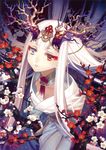  absurdres antlers bangs blunt_bangs branch circlet eyebrows_visible_through_hair eyeshadow flower grey_eyes heterochromia highres japanese_clothes kazuki_yone kimono light_smile long_hair looking_at_viewer makeup orange_eyes original parted_lips red_flower roots scan solo tassel white_flower white_hair white_kimono 