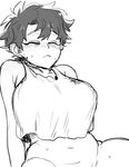  arm_support breasts closed_eyes closed_mouth cowboy_shot crop_top fate/grand_order fate_(series) fujimaru_ritsuka_(male) genderswap genderswap_(mtf) greyscale large_breasts monochrome nanika_(nnkgh) no_panties short_hair simple_background sitting sweat tank_top white_background 