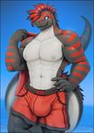  2018 abs anthro biceps big_bulge black_scales blue_eyes bulge cinis claws clothed clothing dinosaur english_text feathers flexing invalid_tag male muscular muscular_male navel nipples partially_clothed pecs raptor red_feathers red_scales scales sea shorts simple_background smile solo standing teeth text theropod towel vader-san water white_scales 