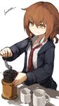  blue_jacket brown_hair closed_mouth coffee_grinder collared_shirt cup hair_between_eyes holding jacket kantai_collection lansane long_sleeves necktie orange_eyes red_neckwear shirt short_hair signature simple_background smile solo wakaba_(kantai_collection) white_background white_shirt wing_collar 