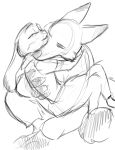  black_and_white canine disney female fox hug iji judy_hopps lagomorph line_art male mammal monochrome nick_wilde rabbit simple_background white_background zootopia 