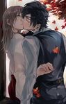  1girl black_hair brown_hair closed_eyes crying crying_with_eyes_open female_saniwa_(touken_ranbu) green_eyes hakama half_updo hetero japanese_clothes kiss looking_at_another miko parted_lips red_hakama saniwa_(touken_ranbu) shokudaikiri_mitsutada tears touken_ranbu waistcoat yabukita 