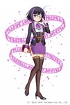  2015 ascot bangs black_footwear black_hair black_jacket blue_eyes blunt_bangs blush book brown_legwear chain closed_mouth full_body garter_belt glasses gothic_wa_mahou_otome high_heels highres holding holding_book jacket jenevan long_sleeves looking_at_viewer magic multicolored_hair official_art one_eye_closed open_clothes open_jacket pencil_skirt purple_hair purple_neckwear purple_skirt shirt short_hair skirt smile solo spell standing streaked_hair thighhighs watermark white_background white_shirt wing_collar 
