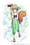  2015 :o acorn animal animal_ears animal_on_head animal_on_shoulder bandana bare_shoulders blush breasts broom brown_hair clothed_animal collared_vest eyebrows_visible_through_hair eyepatch full_body gothic_wa_mahou_otome green_eyes green_pants highres holding holding_broom jenevan midriff navel no_socks official_art on_head open_clothes open_vest pants pirate puffy_pants round_teeth sandals short_hair skull_and_crossbones small_breasts solo sparkle squirrel squirrel_ears squirrel_tail standing standing_on_one_leg tail teeth vest water white_background white_vest wristband 