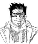  1boy :/ bara beard bespectacled boku_no_hero_academia collared_jacket cropped_torso endeavor_(boku_no_hero_academia) facial_hair frown glasses greyscale highres juggermelon looking_to_the_side male_focus mature_male monochrome portrait scar scar_across_eye short_hair sketch solo spiked_hair stubble 