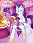  2018 animal_genitalia blue_eyes bow bridle butt clothed clothing cutie_mark digital_media_(artwork) duo equine female feral friendship_is_magic fur h3nger hair horn horse mammal multicolored_hair my_little_pony open_mouth pony purple_eyes purple_hair pussy rarity_(mlp) saddle tongue twilight_sparkle_(mlp) unicorn 