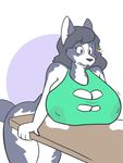  anthro big_breasts breast_expansion breasts canine clothed clothing dog female huge_breasts lactating mammal nipple_bulge notsafeforpika solo surprise 