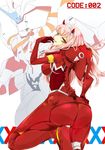  1girl artist_request ass bodysuit breasts cameltoe character_name code:002 darling_in_the_franxx eyebrows_visible_through_hair from_behind gloves green_eyes highres horns large_breasts long_hair looking_at_viewer looking_back pink_hair red_bodysuit shiny shiny_clothes shiny_hair skin_tight solo tongue tongue_out zero_two_(darling_in_the_franxx) 