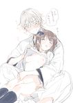  1girl blush bottomless bow brown_hair closed_eyes female_saniwa_(touken_ranbu) hair_bow hetero hug hug_from_behind japanese_clothes looking_down nakayama_miyuki nipples saniwa_(touken_ranbu) shirt_lift sleep_molestation sleeping sweatdrop thighhighs touken_ranbu tsurumaru_kuninaga white_hair yellow_eyes 