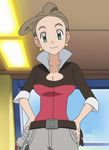  1girl breasts brown_hair cleavage green_eyes pansy_(pokemon) photoshop pokemon pokemon_(anime) pokemon_xy_(anime) screencap 