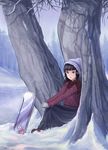  bangs bare_tree black_hair black_skirt blunt_bangs blurry blush day depth_of_field forest gloves green_eyes hands_on_own_knees hands_together highres knit_hat kurosawa_dia long_hair long_sleeves looking_at_viewer love_live! love_live!_sunshine!! mole mole_under_mouth nature outdoors plaid plaid_scarf purple_sweater radiapyon scarf sidelocks sitting skirt smile snow snowboard solo sweater tree under_tree white_gloves winter 