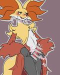  &lt;3 3_fingers balls blush censored delphox erection inner_ear_fluff male nintendo penis pok&eacute;mon pok&eacute;mon_(species) precum simple_background smile solo unknown_artist video_games 