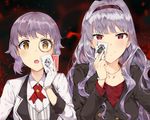  :o absurdres black_jacket blush bracelet card closed_mouth collared_shirt eyebrows_visible_through_hair gloves hand_up highres holding idolmaster idolmaster_(classic) idolmaster_million_live! jacket jewelry long_hair long_sleeves makabe_mizuki multiple_girls necklace open_mouth purple_eyes purple_hair red_background red_shirt shijou_takane shirt short_hair tuxedo_de_cat white_gloves white_jacket wing_collar yellow_eyes 