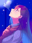  adjusting_scarf breasts breath casual doki_doki_literature_club from_side grey_sweater hair_ornament hairclip highres ktsis lamppost large_breasts long_hair looking_up night outdoors parted_lips profile purple_eyes purple_hair scarf solo sweater turtleneck turtleneck_sweater upper_body yuri_(doki_doki_literature_club) 