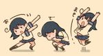  ahoge arms_up bent_over black_hair clenched_hands closed_eyes commentary jumping kantai_collection long_hair open_mouth otoufu pleated_skirt shadow short_sleeves skirt translated ushio_(kantai_collection) yellow_background 