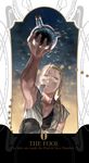  arm_up black_shirt blonde_hair card_(medium) character_name commentary dirty dirty_clothes dirty_face expressionless father_(fma) fingernails fullmetal_alchemist highres holy_pumpkin long_hair looking_up male_focus md5_mismatch open_mouth pants ponytail shirt sleeveless spoilers tarot text_focus van_hohenheim white_shirt yellow_eyes 