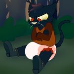  black_fur boots bushes cat clothing diaper feline female footwear fur grumpy mae_(nitw) mammal night_in_the_woods plinkiepoi red_eyes sitting solo tree 