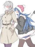  alternate_costume arm_hug blue_eyes blue_hair blush brown_legwear commentary_request couple doremy_sweet from_side fur_trim gloves grey_gloves grey_hair grey_wings hat kishin_sagume kuroba_rapid long_hair looking_at_another multiple_girls pantyhose purple_legwear red_eyes single_wing smile tail thighhighs touhou white_background wings yuri 
