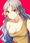  arms_at_sides bare_shoulders breasts cleavage closed_mouth collarbone detached_sleeves dress eyebrows_visible_through_hair kaede_(mmkeyy) long_hair looking_at_viewer medium_breasts multicolored multicolored_clothes multicolored_dress red_eyes sakata_nemuno silver_hair simple_background single_strap smile solo touhou upper_body wavy_hair 