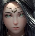  artist_name chuby_mi circlet close-up closed_mouth face final_fantasy final_fantasy_xiv green_eyes grey_hair highres hyur lips long_hair looking_at_viewer mole mole_under_eye realistic smile solo 