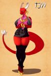  anthro areola big_breasts breasts clothed clothing copycatz_(artist) female horn huge_breasts jewelry legwear necklace scalie solo standing thigh_highs voluptuous wide_hips 