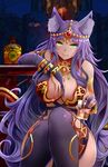  animal_ears aqua_eyes arano_oki bare_shoulders breasts bridal_gauntlets cleavage commentary_request dark_skin ears_through_headwear fate/grand_order fate_(series) gem head_chain highres hood horns huge_breasts jewelry long_hair looking_at_viewer navel open_mouth purple_hair queen_of_sheba_(fate/grand_order) sitting smile solo thighhighs 