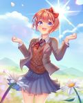 2018 :d artist_name asterleaf14 bangs blazer blue_eyes blue_skirt blurry blurry_background blurry_foreground blush bow breasts brown_hair cloud collared_shirt commentary cowboy_shot daisy day doki_doki_literature_club english_commentary eyebrows_visible_through_hair flower grey_jacket hair_bow hands_up happy highres jacket lens_flare long_sleeves looking_at_viewer open_mouth outdoors petals pleated_skirt red_bow ribbon round_teeth sayori_(doki_doki_literature_club) school_uniform shirt short_hair signature skirt sky smile solo standing sun sunlight teeth white_shirt 