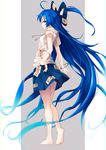  absurdly_long_hair absurdres ahoge bangle bare_arms bare_legs barefoot blue_bow blue_eyes blue_hair blue_skirt bow bracelet chromatic_aberration debt drawstring full_body gradient_hair grey_background hair_bow highres hood hoodie iwashi_(nisankatanso) jewelry long_hair looking_at_viewer miniskirt multicolored_hair profile short_sleeves skirt smile solo standing touhou very_long_hair white_background yorigami_shion 
