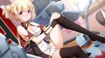  adjusting_clothes adjusting_legwear azur_lane bare_shoulders black_gloves black_legwear blonde_hair blurry blush breasts cleavage curtains depth_of_field dress dutch_angle eyebrows_visible_through_hair flower from_side gloves hair_between_eyes hair_bun hair_ribbon head_tilt highres kasaran leipzig_(azur_lane) machinery medium_breasts nose_blush open_mouth pink_eyes plant potted_plant ribbon short_hair solo thighhighs white_ribbon window wing_collar 