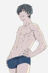  abs adonis_belt bare_chest black_hair blue_hair boxer_briefs hand_on_hip highres kamezaemon looking_at_viewer male_focus male_underwear muscle navel original red_mask_(arizuka) simple_background smirk solo underwear 