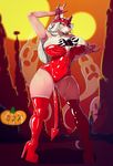  anthro big_breasts breasts camel_toe canine clothing copycatz_(artist) female halloween holidays legwear makeup mammal mascara nipple_bulge rubber smile solo standing tattoo thick_thighs thigh_highs voluptuous 
