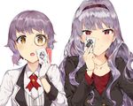  :o absurdres black_jacket blush bracelet card closed_mouth collared_shirt eyebrows_visible_through_hair gloves hand_up highres holding idolmaster idolmaster_(classic) idolmaster_million_live! jacket jewelry long_hair long_sleeves makabe_mizuki multiple_girls necklace open_mouth purple_eyes purple_hair red_shirt shijou_takane shirt short_hair simple_background tuxedo_de_cat white_background white_gloves white_jacket wing_collar yellow_eyes 