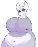  absurd_res belly big_breasts breasts capdocks clothing deep_navel eyelashes eyeshadow eyewear female glasses hi_res holding_breast horn huge_breasts makeup mature_female midriff navel simple_background slightly_chubby smile solo sweater voluptuous white_background wide_hips 