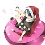  bare_legs black_capelet blue_eyes blue_hair capelet doremy_sweet dream_soul dress from_above from_behind full_body gorilla_(bun0615) hat highres looking_at_viewer looking_back nightcap pom_pom_(clothes) red_hat shoes short_hair simple_background sitting solo tail tapir_tail touhou turtleneck white_background white_footwear 