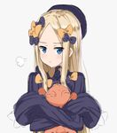  :t =3 abigail_williams_(fate/grand_order) absurdres bangs black_bow black_dress black_hat blonde_hair blue_eyes bow closed_mouth commentary_request dress eyebrows_visible_through_hair fate/grand_order fate_(series) forehead grey_background hair_bow hat highres kohakope long_hair long_sleeves looking_at_viewer object_hug orange_bow parted_bangs polka_dot polka_dot_bow pout sidelocks simple_background sketch sleeves_past_fingers sleeves_past_wrists solo stuffed_animal stuffed_toy teddy_bear very_long_hair 