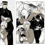  5boys adjusting_clothes adjusting_hat alternate_costume amakusa_shirou_(fate) archer book braid closed_eyes dark_skin dark_skinned_male edmond_dantes_(fate/grand_order) fate/grand_order fate_(series) florence_nightingale_(fate/grand_order) gloves hakama hat japanese_clothes kagami_ei limited_palette male_focus military military_uniform multiple_boys parasol peeking_out pointy_ears romani_archaman scarf semiramis_(fate) sepia shosei spiked_hair umbrella uniform wavy_hair william_shakespeare_(fate) 