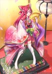  blush bow brown_eyes cherry_blossoms churayuki company_name fan gyakushuu_no_fantasica japanese_clothes kimono lantern long_hair multicolored_hair no_shoes official_art petals pink_hair solo thighhighs two-tone_hair white_hair 