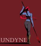  absurdres ass blue_skin boots brown_footwear character_name from_behind head_fins high_heel_boots high_heels highres lia_oh monster_girl pants polearm ponytail red_background red_hair shadow simple_background solo spear tank_top undertale undyne weapon 