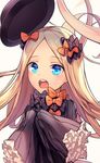  :o abigail_williams_(fate/grand_order) bangs black_bow black_dress black_hat blonde_hair blue_eyes blush bow bug butterfly dress eyebrows_visible_through_hair fate/grand_order fate_(series) forehead hair_bow hat hat_removed headwear_removed insect lee_seok_ho long_hair long_sleeves looking_at_viewer open_mouth orange_bow parted_bangs polka_dot polka_dot_bow signature sleeves_past_fingers sleeves_past_wrists solo upper_teeth very_long_hair 