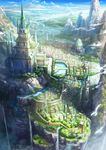 blue_sky bridge castle city cliff cloud day fantasy flower_bed fountain from_above gate highres kazemachi_(akainan) mountain no_humans original river scenery sky statue tower tree wall water waterfall 