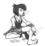  1girl black_eyes black_hair black_shirt bob_cut cigarette creepy_susie feet shirt shoes short_hair simple_background sitting smoke smoking solo the_oblongs undead_hipster white_background 