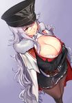  akasaai azur_lane black_legwear blazer breasts brown_gloves from_above gloves graf_zeppelin_(azur_lane) hat highres jacket jacket_on_shoulders large_breasts long_hair long_sleeves pantyhose parted_lips peaked_cap pink_eyes pleated_skirt purple_background purple_hair skirt solo standing very_long_hair 