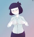  1girl black_eyes black_hair blush bob_cut buttons closed_mouth creepy_susie cum shirt short_hair skirt smile solo the_oblongs tvcomrade 