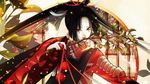  black_hair branch feathers fingernails hair_feathers japanese_clothes kogarasumaru_(touken_ranbu) lipstick looking_at_viewer makeup male_focus official_art pale_skin parted_lips pom_pom_(clothes) ponytail red_lips screencap sharp_fingernails smile solo touken_ranbu touken_ranbu:_hanamaru upper_body 