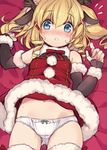  animal_ears arm_warmers azur_lane blonde_hair blue_eyes blush bow bow_panties breasts dress flying_sweatdrops gridley_(azur_lane) hair_between_eyes long_hair looking_at_viewer lying minamura_haruki navel on_back panties pom_pom_(clothes) red_dress santa_costume short_dress small_breasts solo sweat thighhighs underwear white_panties 